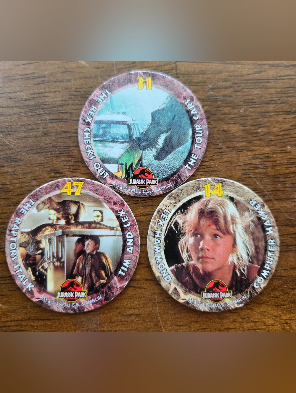 Set of 3 Vintage 1993 Jurassic Park Pogs Skycaps from Skybox